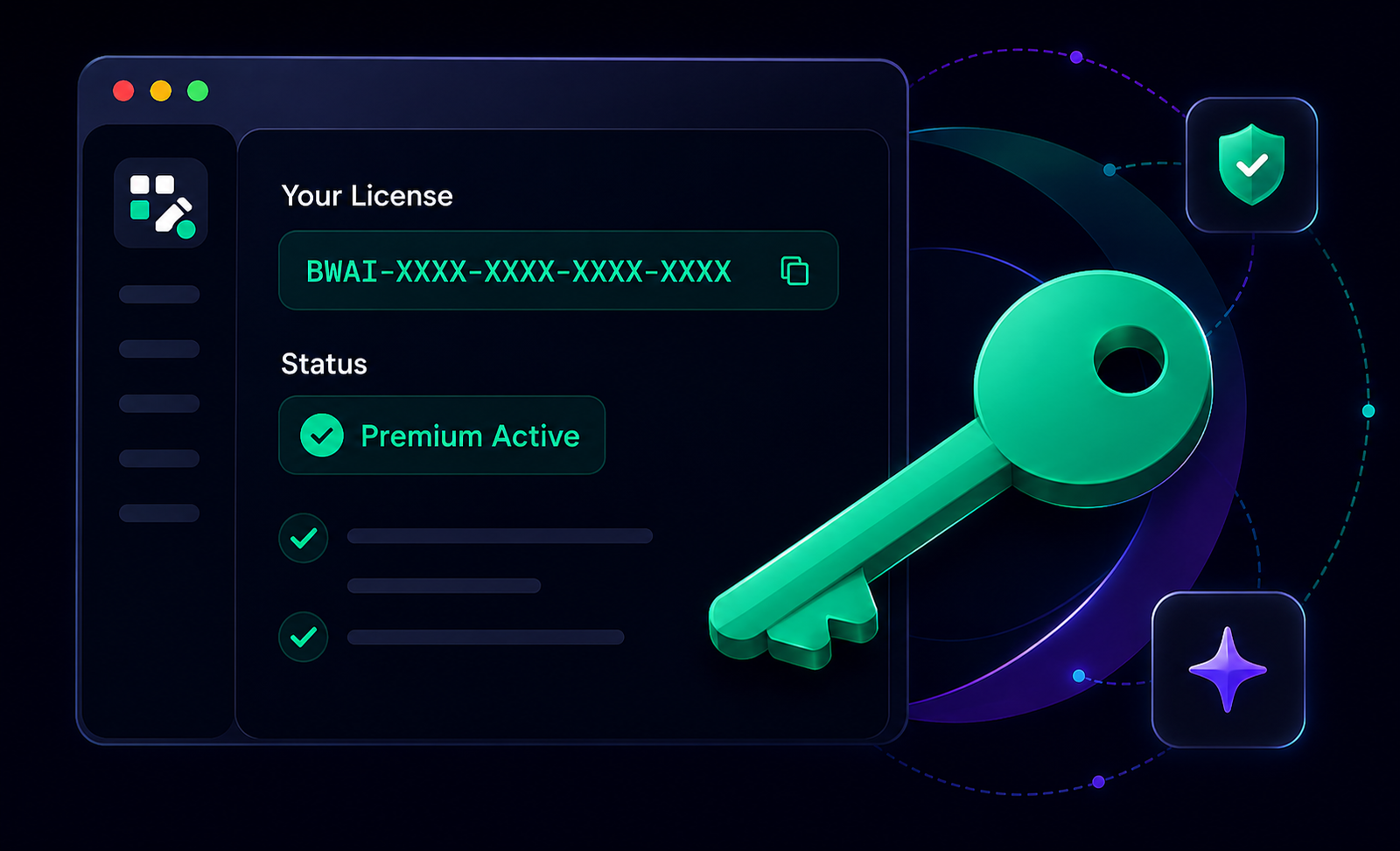 BlockWriteAI dark mode license activation dashboard with premium key
