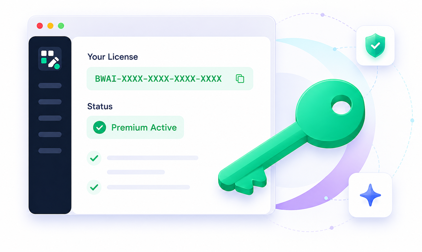 BlockWriteAI license activation dashboard with premium key