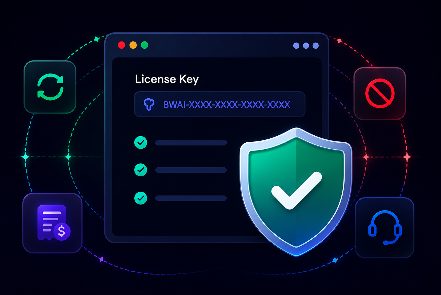 License activation and refund policy dark mode illustration